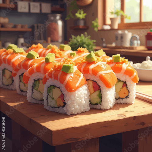 Delicious Sushi Roll Arrangement on Wooden Table