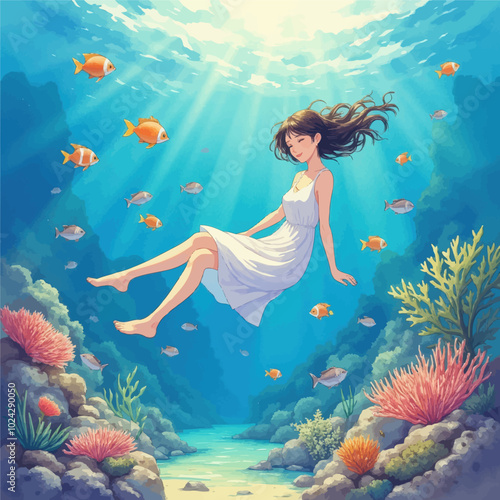 Diving Girl in Underwater Fantasy

Girl Floating in Magical Ocean

Underwater World with Swimming Girl

Dreamscape of Girl Surrounded by Fish