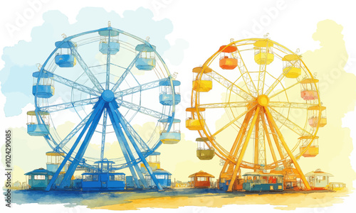 Dual Ferris Wheels at Dusk: Colorful and Vibrant Amusement Scene