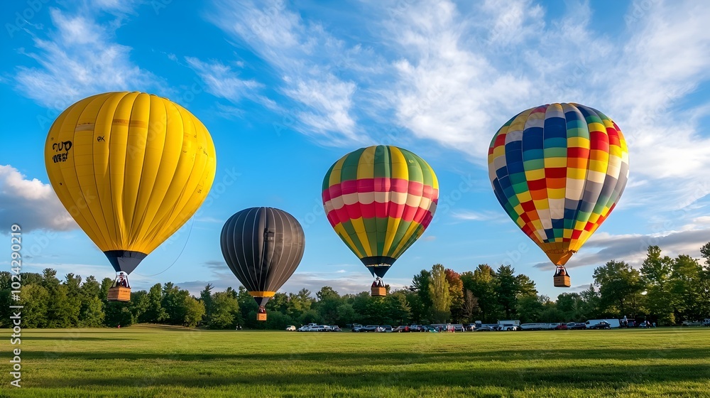 Obraz premium Vibrant Hot Air Balloons Floating Peacefully in the Tranquil Morning Sky at Sunrise with Captivating Colorful Designs and Patterns