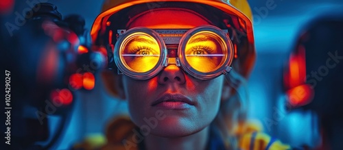 Close-up portrait of a woman wearing safety goggles and a hard hat in a factory setting.