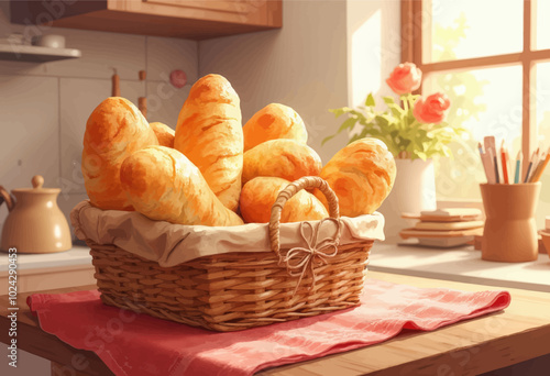 Fresh Baked Croissants in Basket on Kitchen Counter