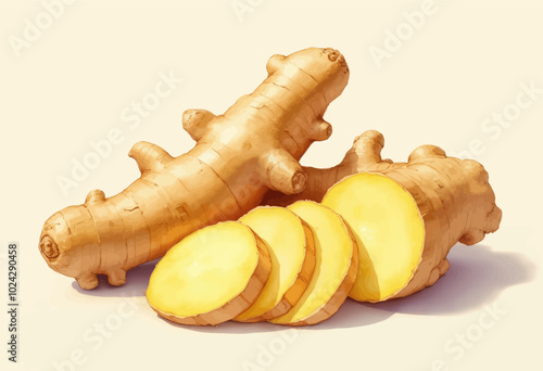 Fresh Ginger Root and Sliced Pieces