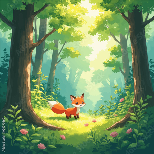 Fox in Sunlit Forest Path