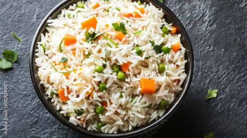 Aromatic basmati rice with fresh vegetables in bowl