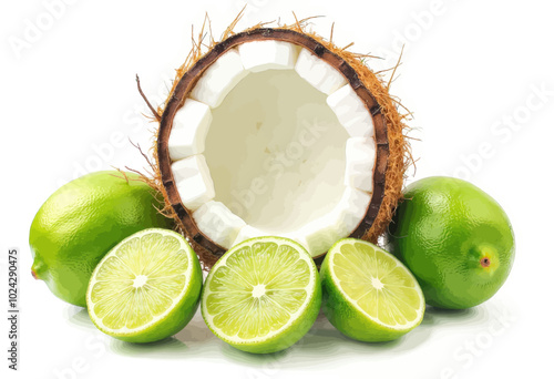 Fresh Coconut and Limes Still Life