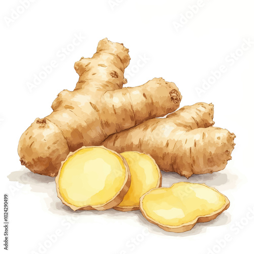 Fresh Ginger Root with Sliced Pieces Illustration