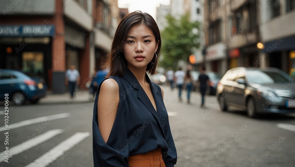 Fototapeta premium Fashion young Asian woman on city street