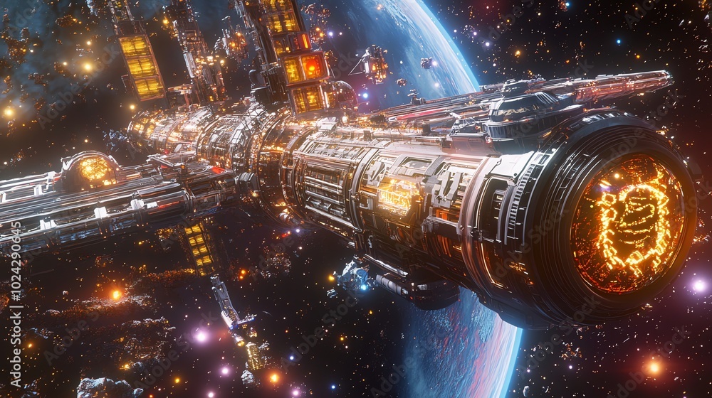 A large, futuristic space station orbits a planet. A large, futuristic space station orbits a planet.