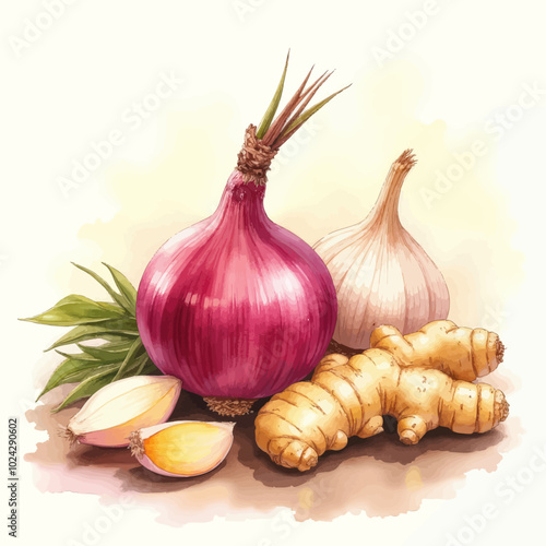 Fresh Produce: Onion, Garlic, Ginger Illustration