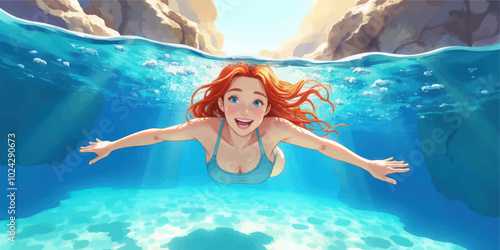 Girl with Red Hair Swimming Underwater
