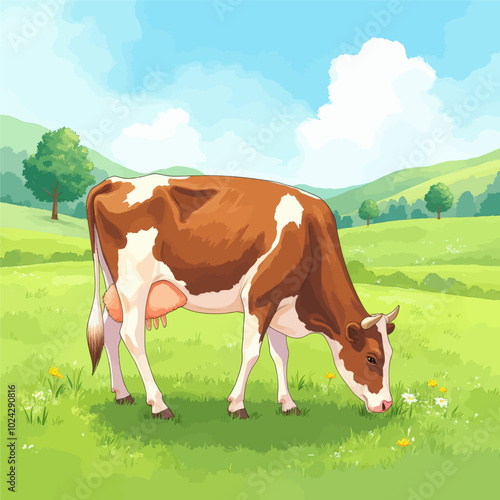Grazing Brown and White Cow in Meadow
