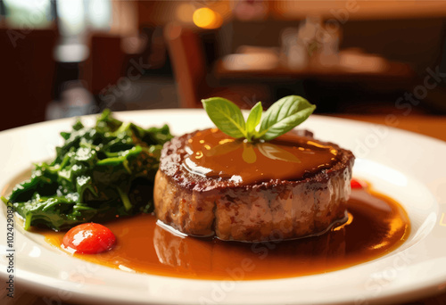 Gourmet Steak Dinner: Tender Steak with Sauce and Greens
