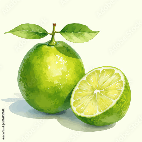 Green Citrus Fruit Illustration, Whole and Sliced