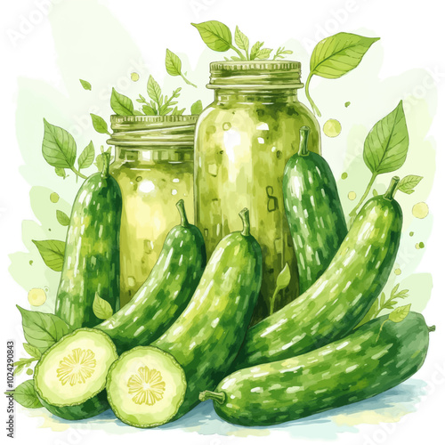 Green Cucumbers and Pickle Jars Watercolor Illustration