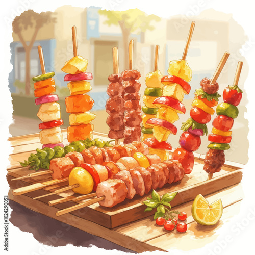 Gourmet Skewers: Assorted Grilled Meats and Fruits.

Keywords: skewers, gourmet, grilled meats, fruits, assorted, barbecue