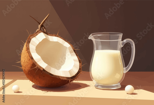 Half Coconut with Milk in Jug and Eggs