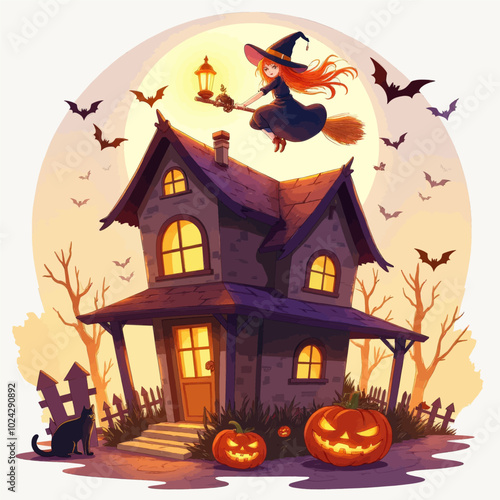 Halloween Witch Flying Over Spooky House