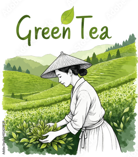 Harvesting Green Tea: Woman Picking Leaves in Tea Field