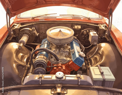 Highly Detailed Vintage Car Engine with Chrome Accents
