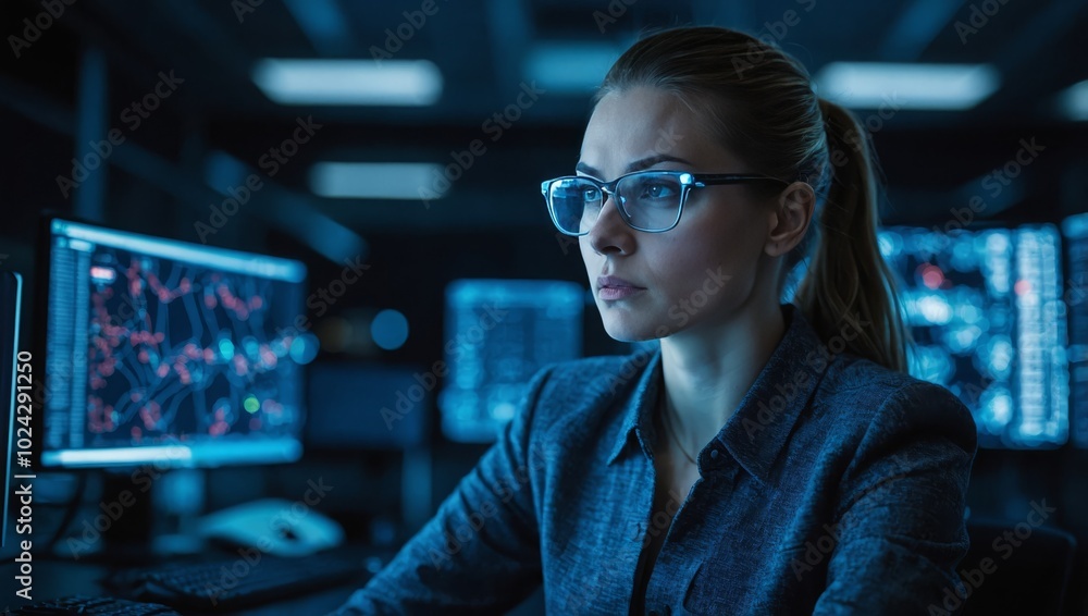 Female cyber security analyst analysing AI cyberspace threats on computer in dark tech office data centre. Blue lighting. IT specialist ethical hacking Female cyber security analyst analysing AI cyberspace threats on computer in dark tech office data centre. Blue lighting. IT specialist ethical hacking
