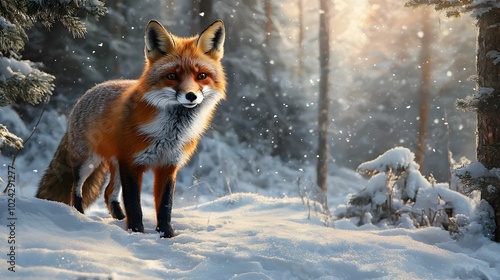 A captivating image of an alert and curious fox standing in a snowy forest with crisp and beautiful winter light illuminating the serene frozen landscape