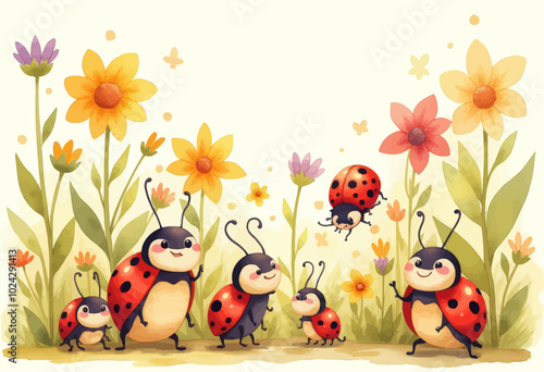 Ladybug Family in Flower Garden