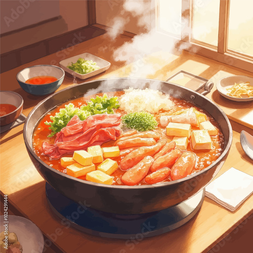 Large Pan of Bubbling Shabu Shabu with Assorted Ingredients