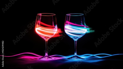 Obraz na płótnie Colorful light trails illuminating wine glasses on dark background w salonie