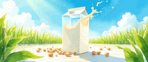 Milk Carton Spilling Milky Liquid on Beach with Coconuts