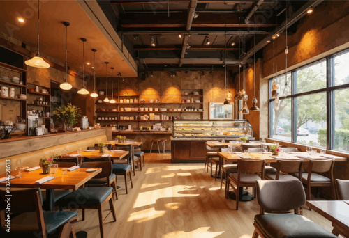 Modern Caf? Interior with Wooden Tables and Exposed Brick Walls