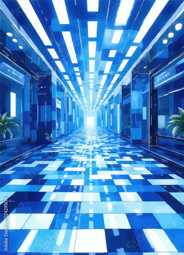 Modern Blue-Tiled Corridor with Symmetrical Lighting
