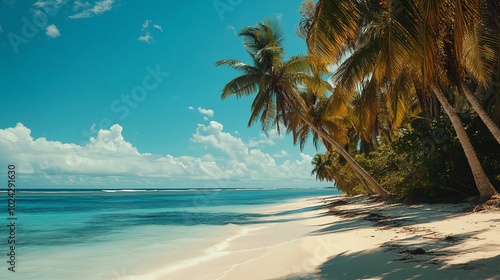 Tropical beach paradise with white sand, turquoise water, and palm trees swaying in the breeze.