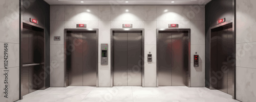 Modern Elevator Lobby with Three Shiny Elevators and Red Emergency Lights