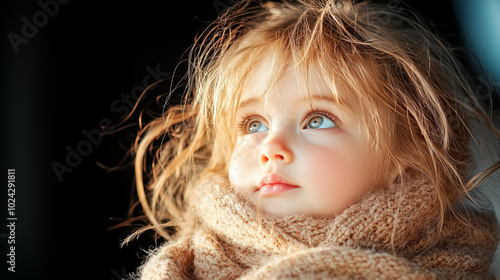 close-up of a child's eyes in winter light, cozy and warm winter clothing, captivating gaze, bright blue eyes, cold weather, emotional and candid winter portrait isolated on a black background photo