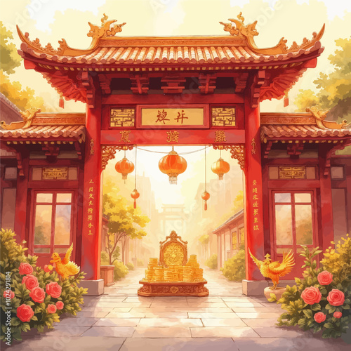 Ornate Chinese Gate with Hanging Lanterns and Stone Lion Statue