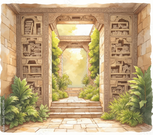 Ornate Temple Gateway with Lush Garden