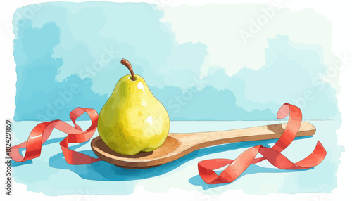 Pear on Wooden Spoon with Red Ribbons