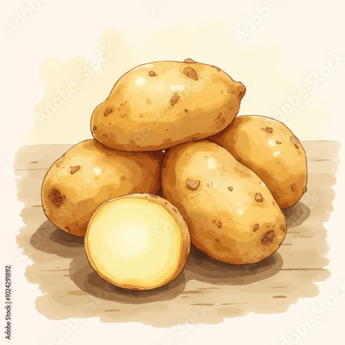 Pile of Fresh Potatoes, One Sliced Open