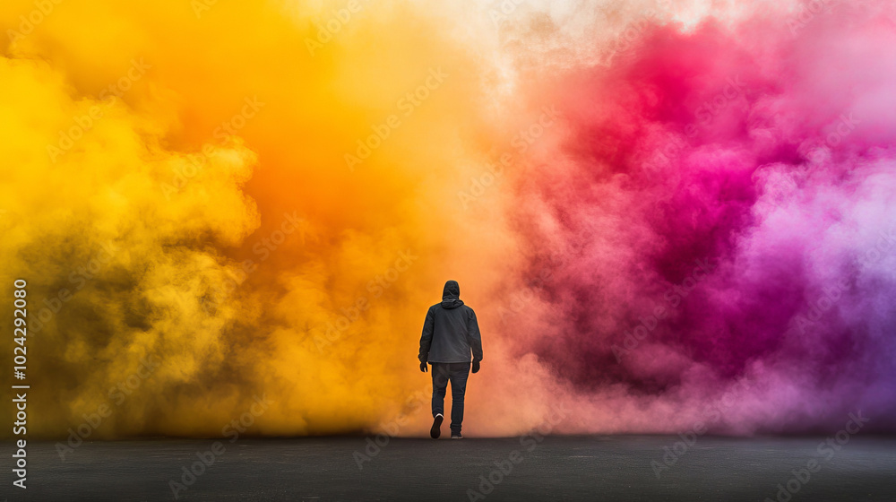 Colorful Smoke Swirls with Figure in Motion Colorful Smoke Swirls with Figure in Motion