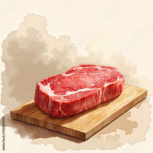 Raw Steak on Wooden Cutting Board