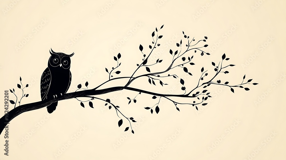 Negative space owl silhouette with simple geometric shapes, perched on a curved branch, set against a light beige background. Minimalist and clean design, no textures, flat colors, hd quality, Negative space owl silhouette with simple geometric shapes, perched on a curved branch, set against a light beige background. Minimalist and clean design, no textures, flat colors, hd quality,