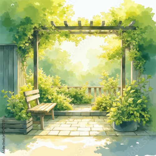 Serene Garden Pathway with Arched Pergola and Bench