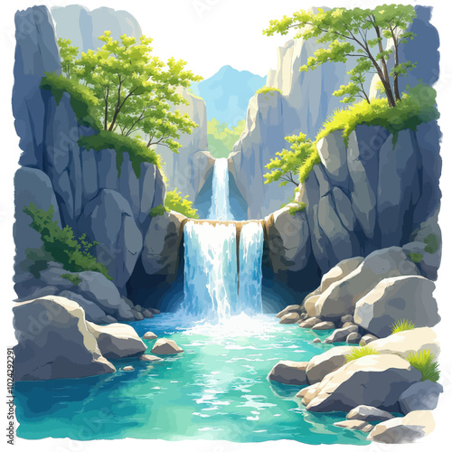 Serene Mountain Waterfall Illustration