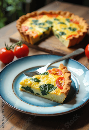 Spinach and Tomato Quiche Served on Blue Plate