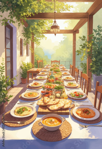 Sunlit Outdoor Feast: Long Table with Plates of Food and Drinks
