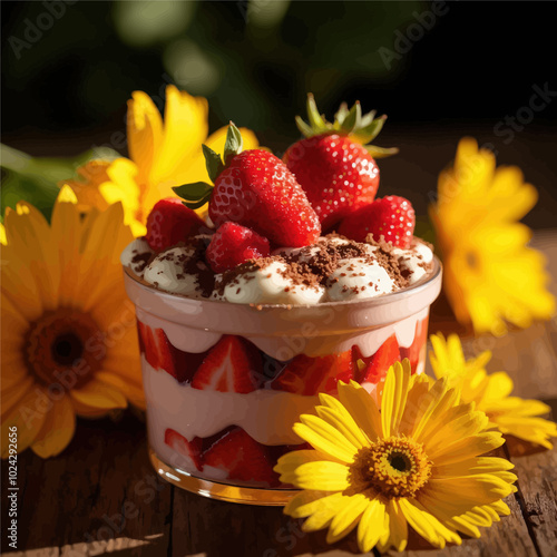 Strawberry Tiramisu with Fresh Berries and Yellow Flowers