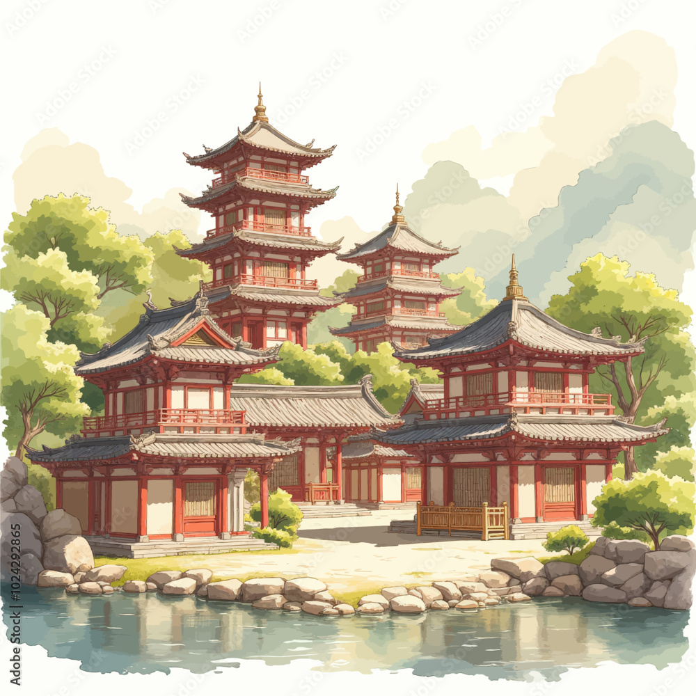 Traditional Chinese Temple Complex by a Serene Pond Traditional Chinese Temple Complex by a Serene Pond