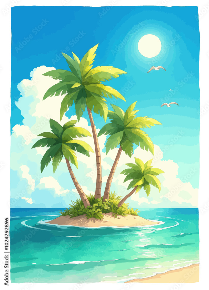 Obraz premium Tropical Paradise: Palm Trees on Island with Blue Ocean and MoonKeywords: tropical, paradise, palm trees, island, blue ocean, moon