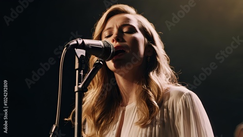 Wallpaper Mural Close-up portrait of a white female singer wearing dress singing with a microphone on stage, with a dark background. Torontodigital.ca